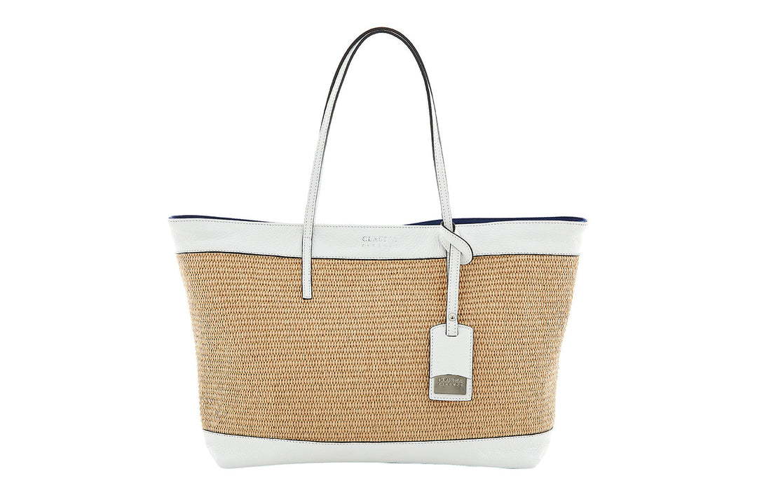 Stylish woven tote bag with white leather straps and trim