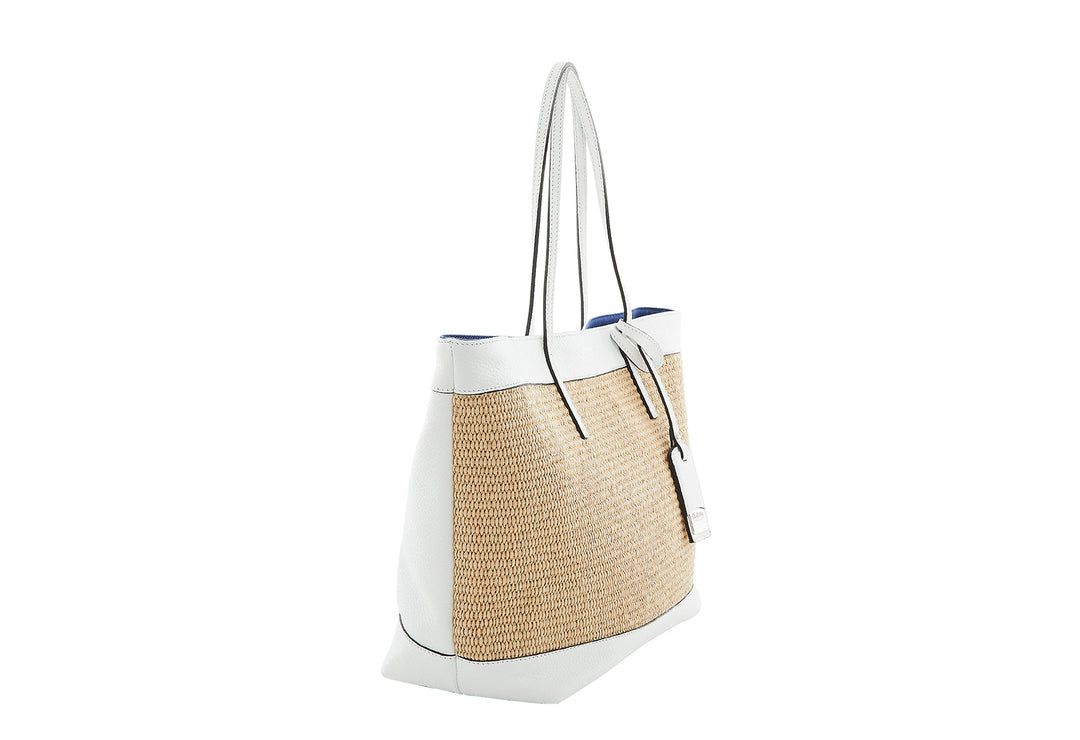 Stylish white and beige woven tote bag with long handles