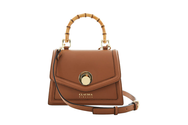 Elegant brown leather handbag with bamboo handle and gold clasp