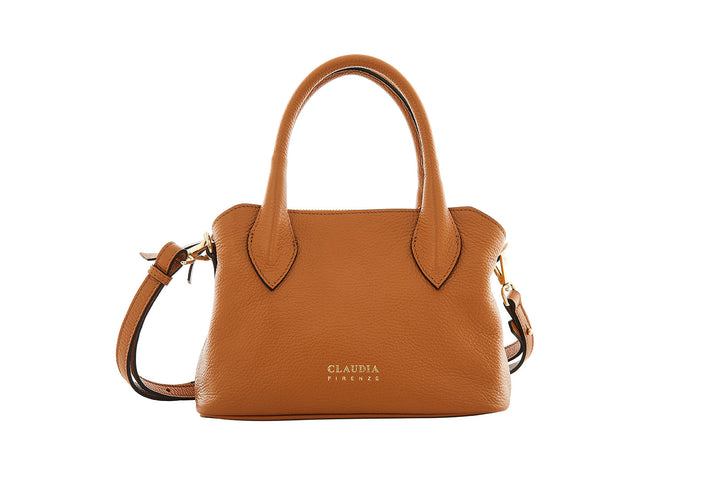 Brown leather handbag with top handles and Claudia Firenze logo