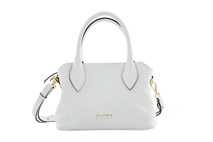 White leather handbag with gold accents and the brand Claudia Firenze on the front