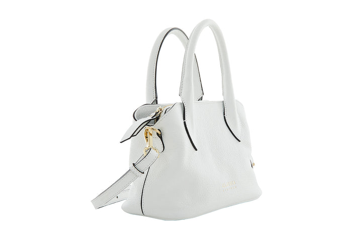 White leather handbag with gold hardware and dual handles