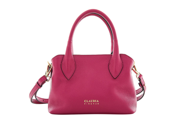 Magenta leather handbag with gold hardware and Claudia Firenze branding