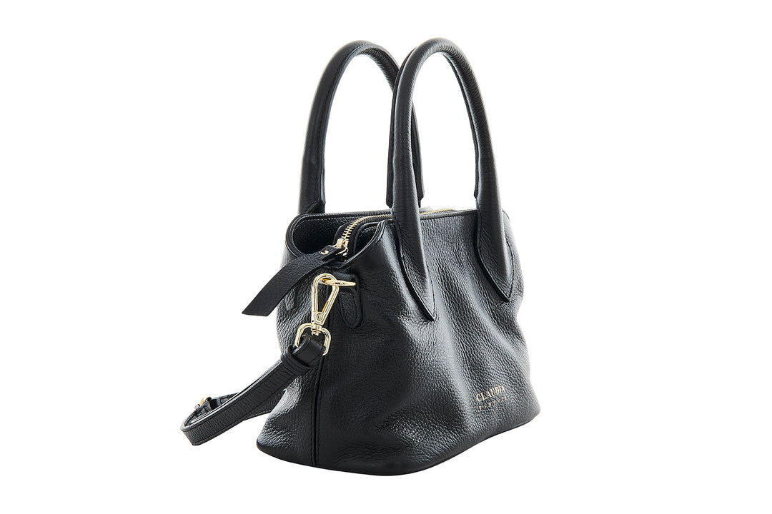 Elegant black leather handbag with gold hardware and shoulder strap