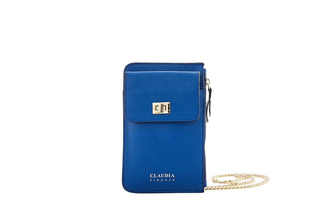 Blue leather crossbody phone bag with gold chain strap and front flap pocket