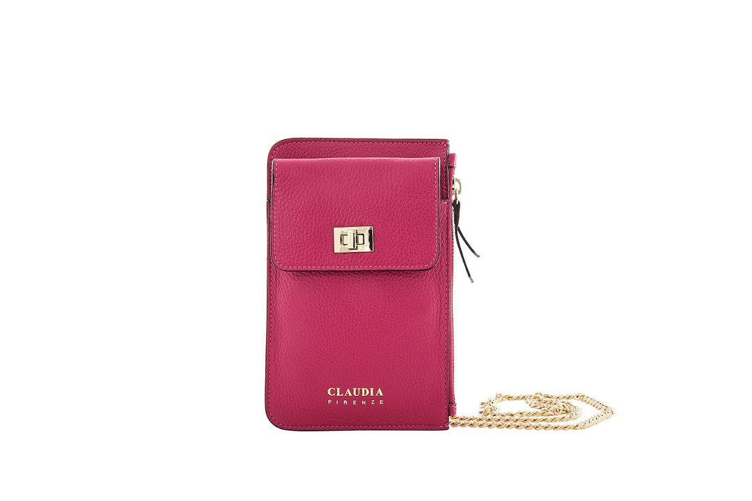 Pink leather crossbody wallet with gold chain and clasp by Claudia Firenze