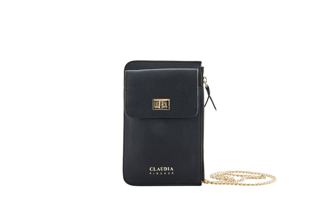 Black leather crossbody phone wallet with gold chain strap and logo