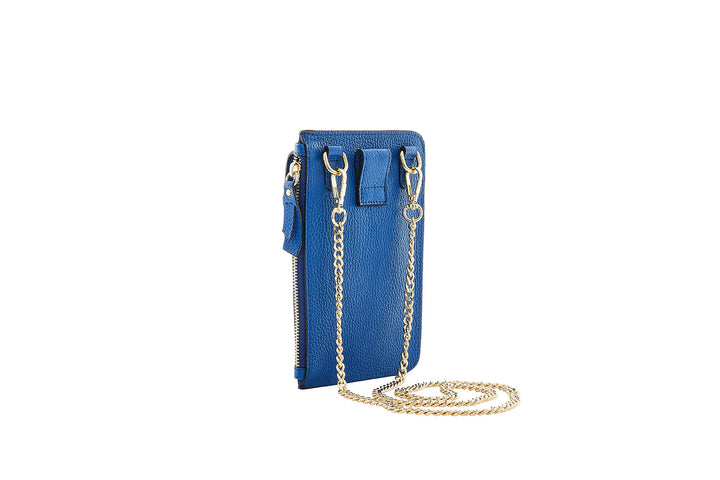 Blue leather wallet with gold chain strap and zippers