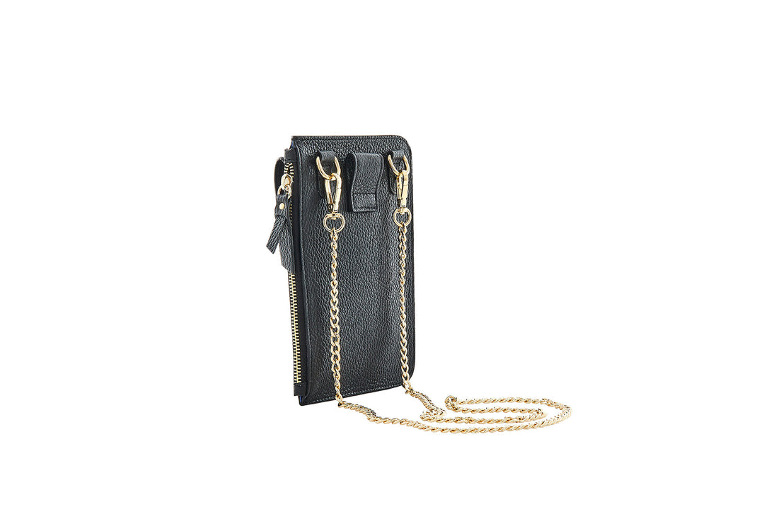 Elegant black leather wallet with gold chain accents