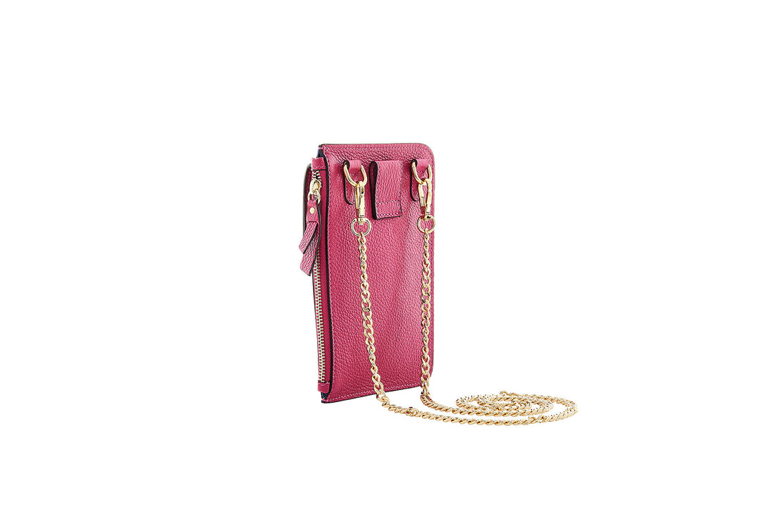 Elegant pink leather wallet with gold chain strap on white background