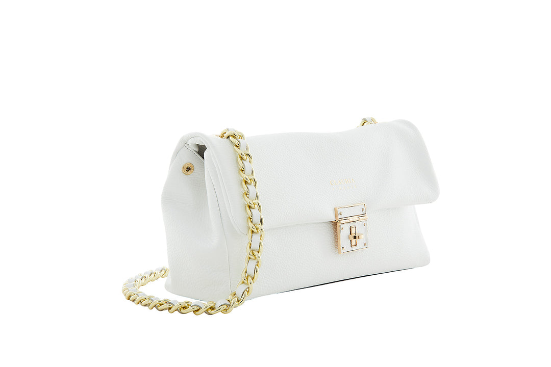 White leather handbag with gold chain strap and clasp