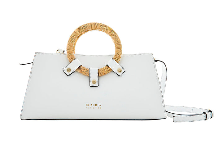 White Claudia Firenze handbag with a circular straw handle and adjustable strap