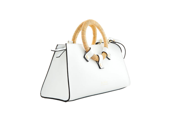 Elegant white handbag with woven handles on a white background