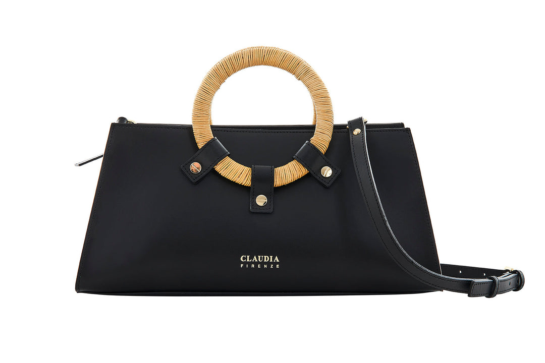 Black leather handbag with round bamboo handle and branded 'Claudia Firenze'