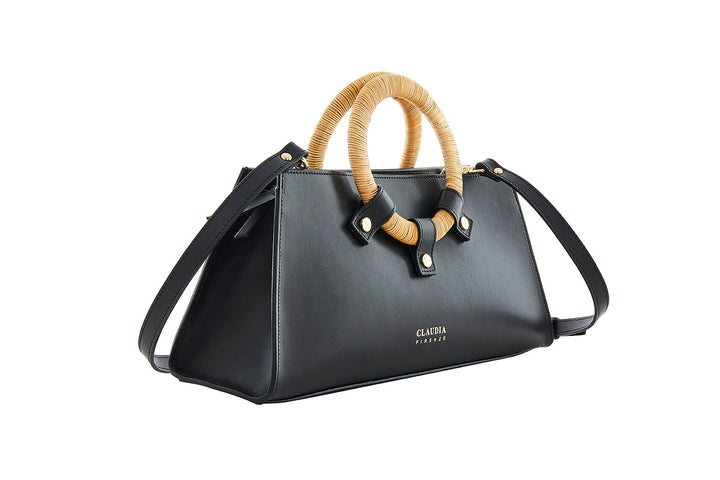 Elegant black leather handbag with woven handles and shoulder strap