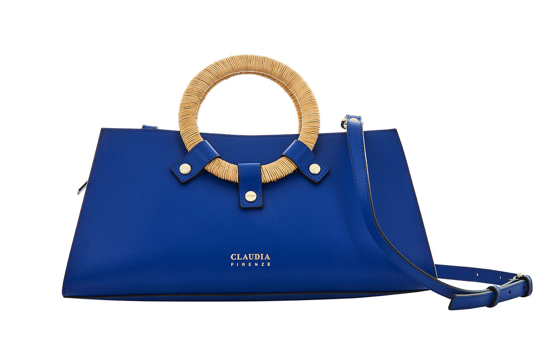 Blue handbag with wooden handle and shoulder strap from Claudia Firenze