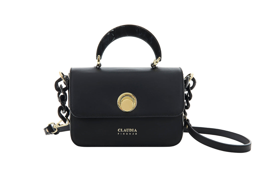 Elegant black leather handbag with gold accents and detachable strap