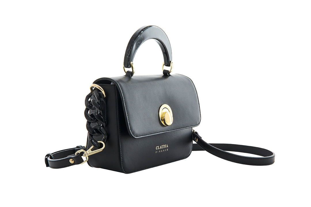 Elegant black leather handbag with gold accents and chain detail