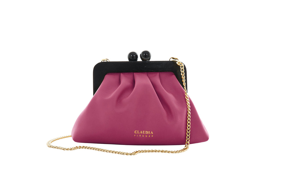 Claudia Firenze magenta clutch purse with gold chain strap and black clasp