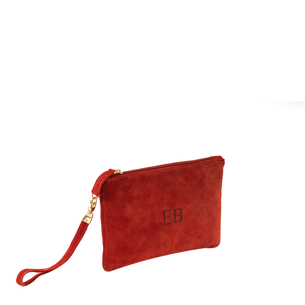 Red suede wristlet clutch with gold zipper and EB monogram