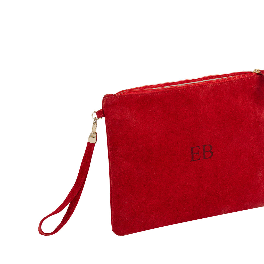 Red suede wristlet clutch with gold zipper and personalized monogram