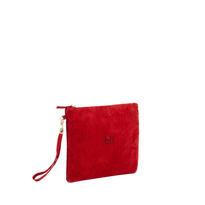 Red suede wristlet clutch with gold zipper and initials EB on front