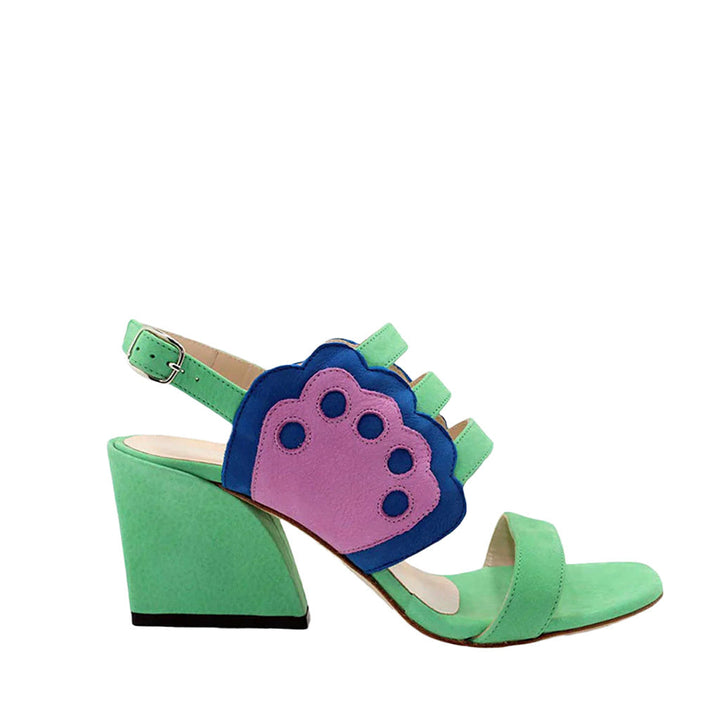 Stylish green and blue women's block heel sandal with colorful design