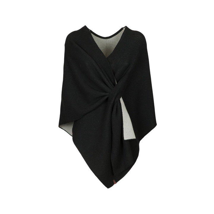 Black wool poncho with layered design on a white background