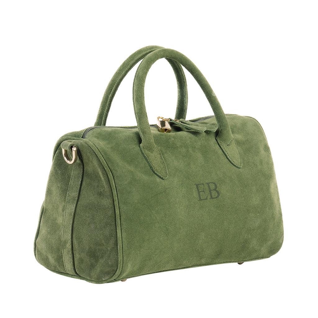 Green suede handbag with monogrammed initials EB