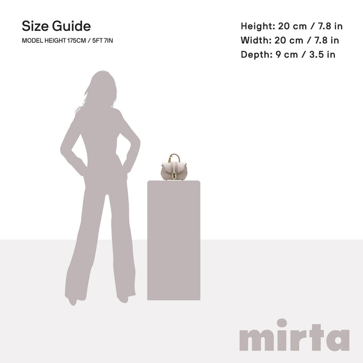 Size guide displaying handbag dimensions next to silhouette of a model and pedestal