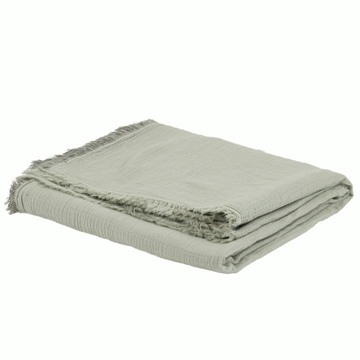 Folded light green blanket with fringed edges on white background