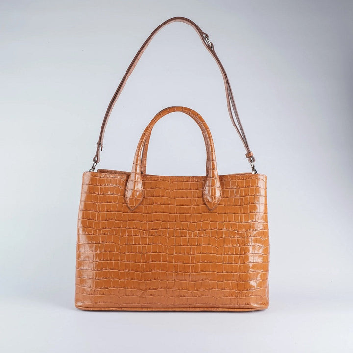 Brown crocodile leather handbag with shoulder strap