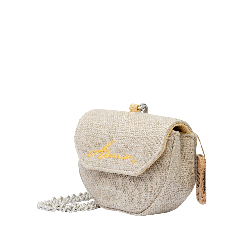 Beige small crossbody handbag with chain strap and embroidered logo