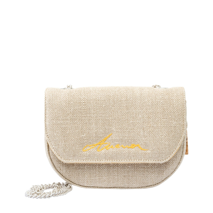 Beige crossbody handbag with gold chain and embroidered logo on front flap