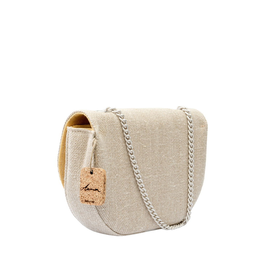 Eco-friendly beige fabric crossbody bag with chain strap and cork tag