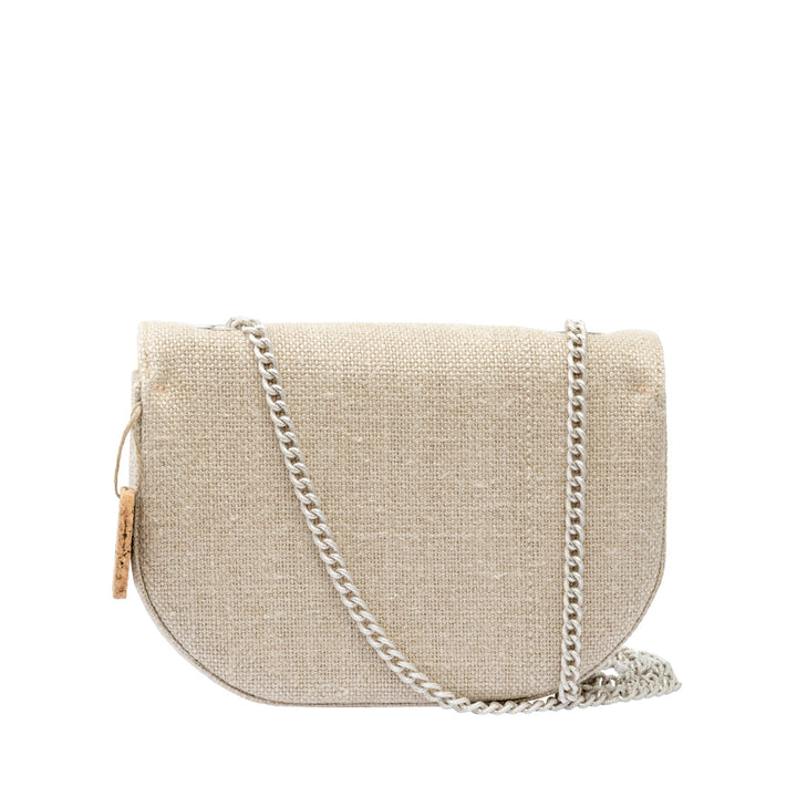 Beige linen crossbody bag with silver chain strap