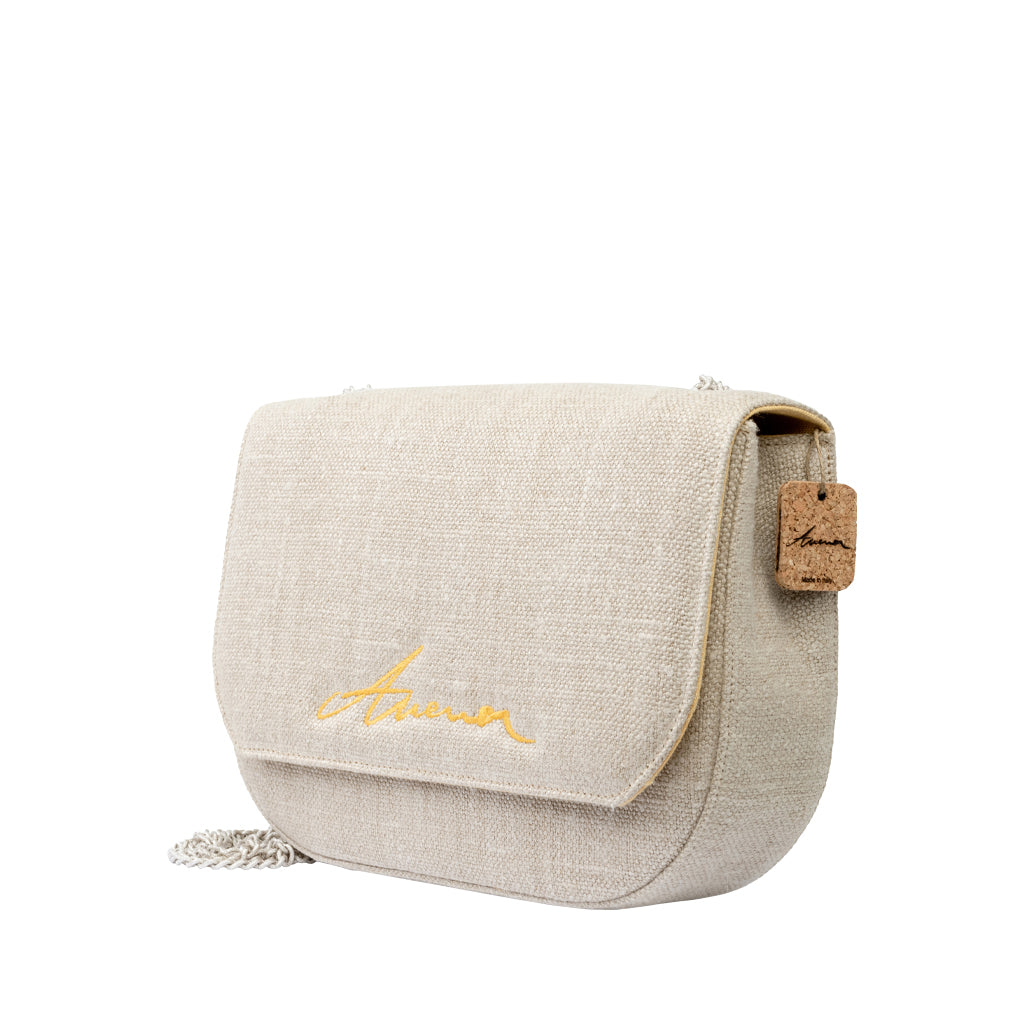 Beige linen crossbody bag with gold logo and chain strap