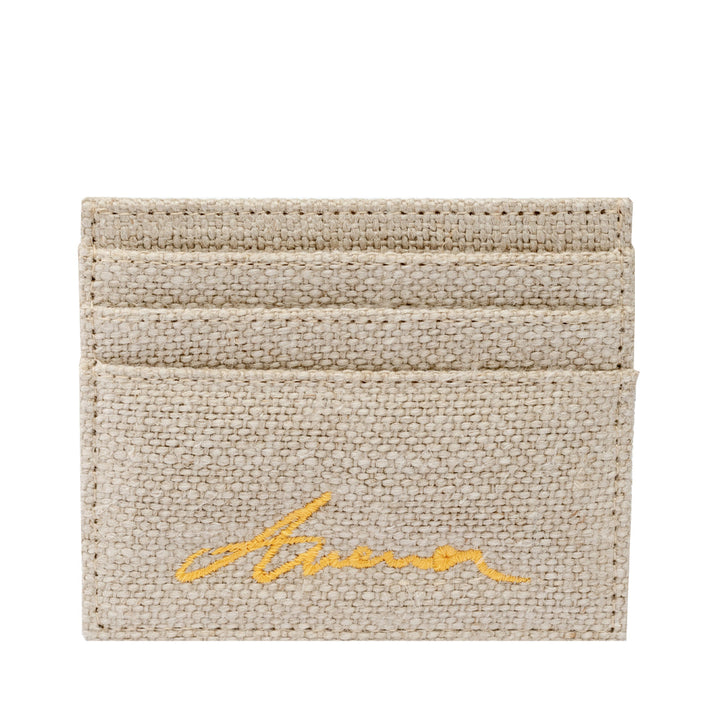 Beige woven card holder with yellow embroidered logo