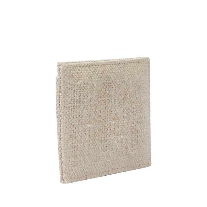 Beige woven textile wallet standing upright on a white background