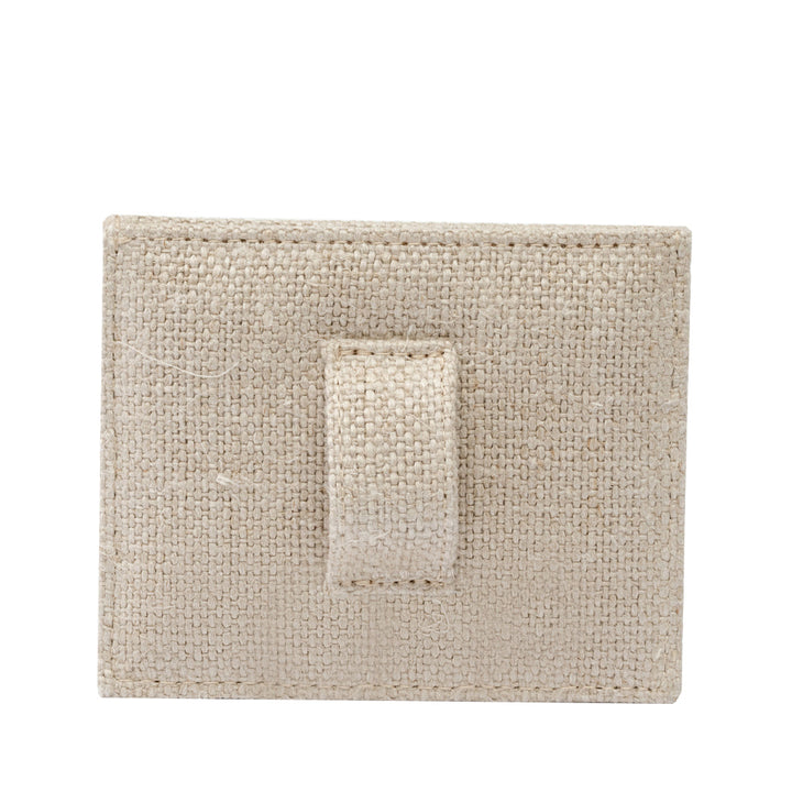 Beige textured fabric wallet with loop closure on white background