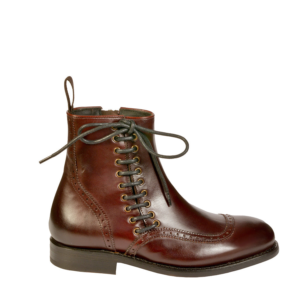 Brown leather lace-up ankle boot with brogue detailing