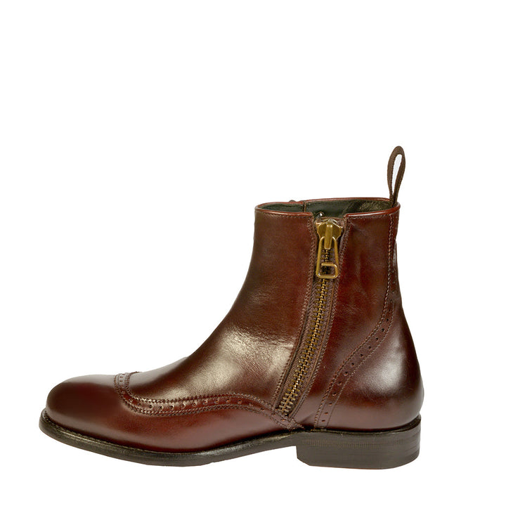 Brown leather ankle boot with side zipper and brogue detailing