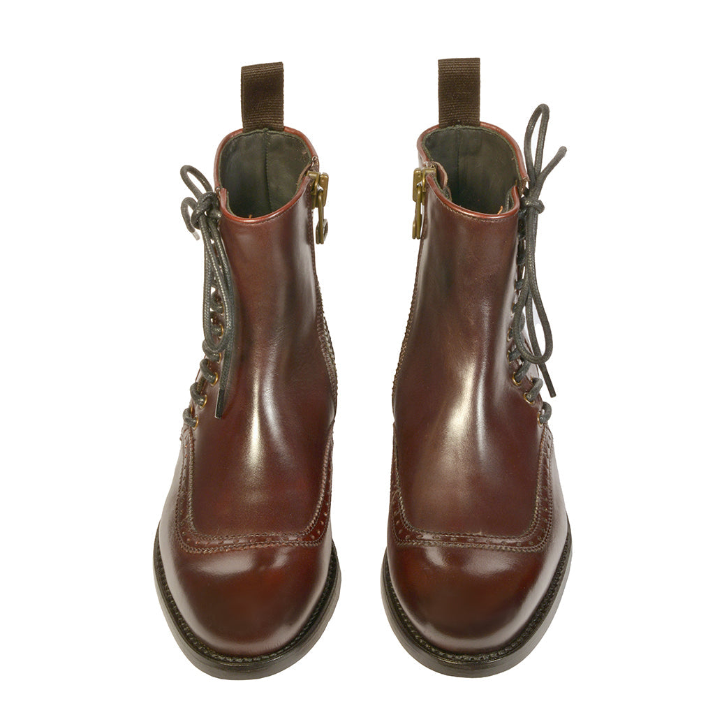 Pair of brown leather lace-up ankle boots with side zipper