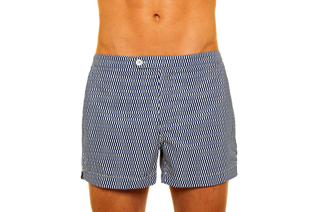 Men's stylish patterned swim trunks in blue and white