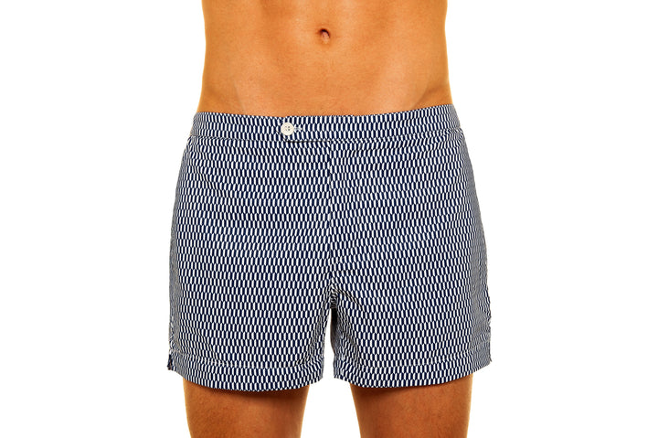 Men's stylish patterned swim trunks in blue and white