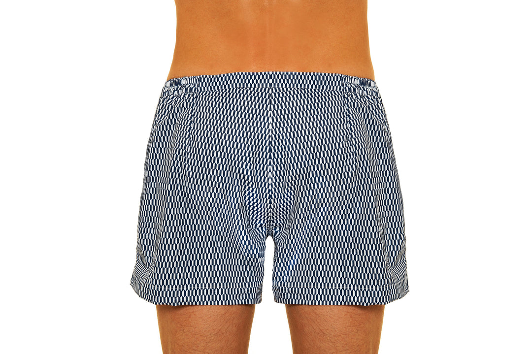 Rear view of person wearing blue and white checkered shorts