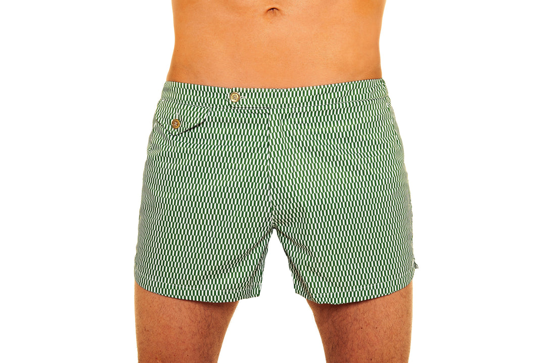 Man wearing green patterned swim shorts