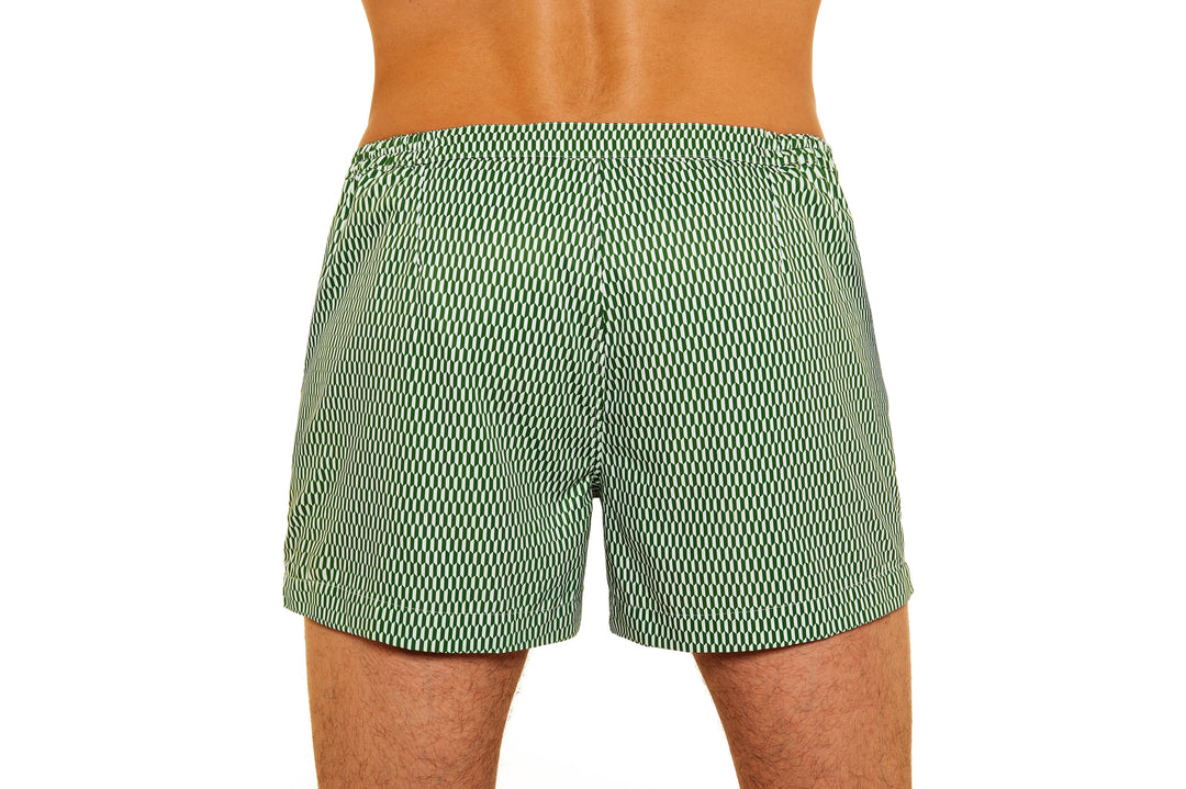 Green pinstripe men's swim trunks, back view