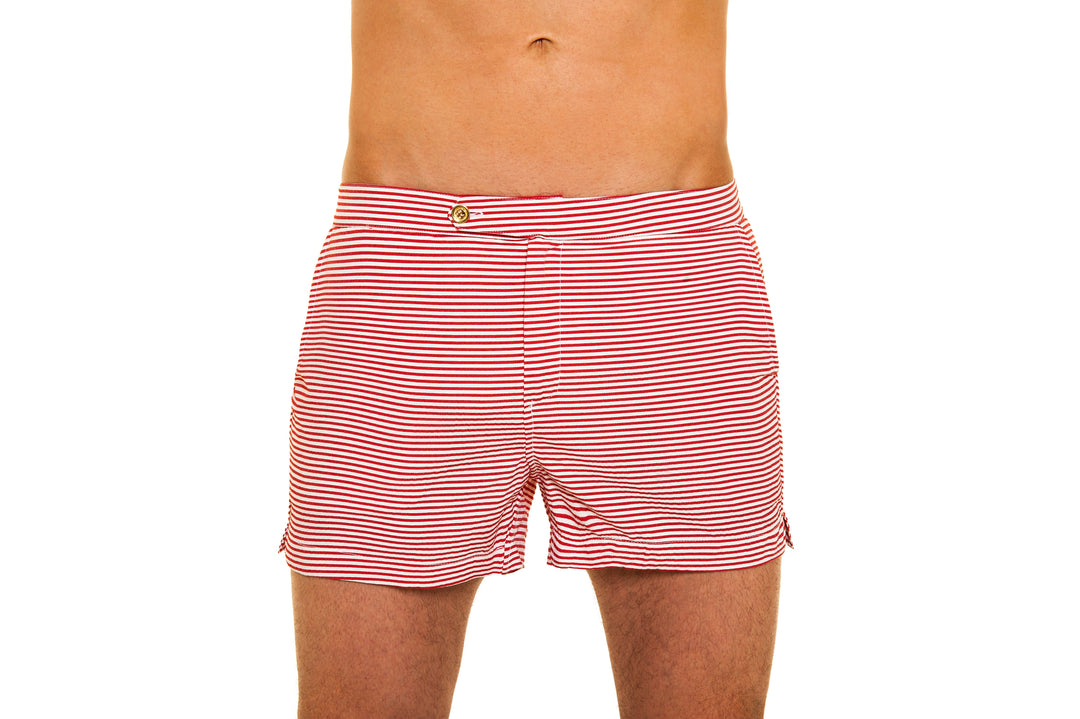 Red and white striped men's swim trunks