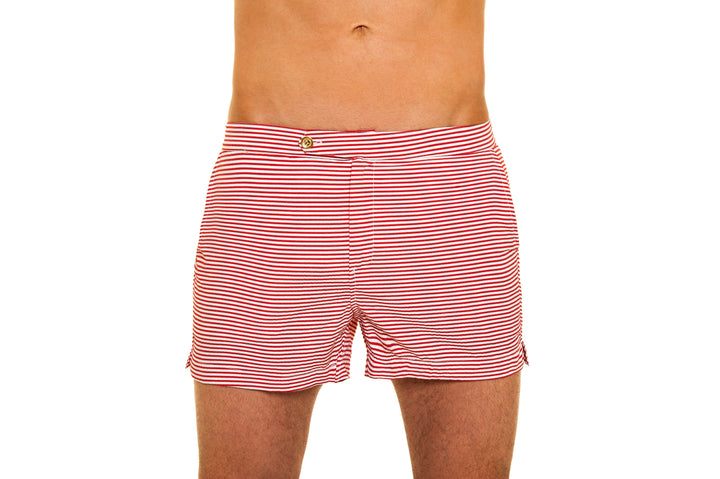 Red and white striped men's swim trunks